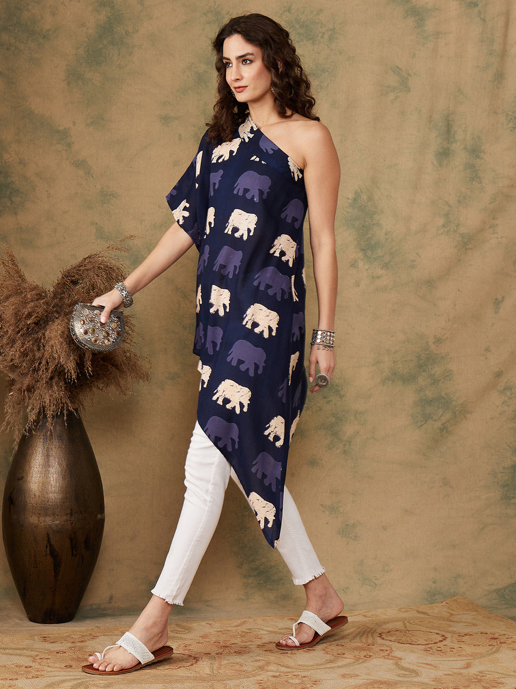 InWeave Women's Blue Elephant Print Oneshoulder Top | Grocsy
