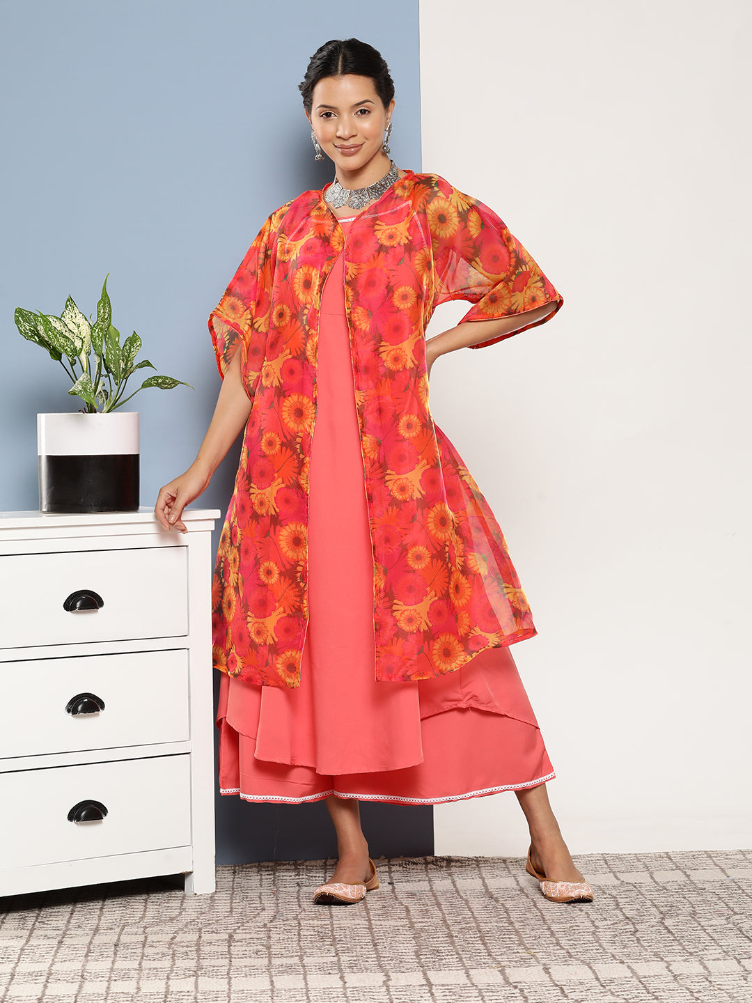 InWeave Women's Peach Cr Strappy Set With Peach Yellow Floral Cape | Grocsy