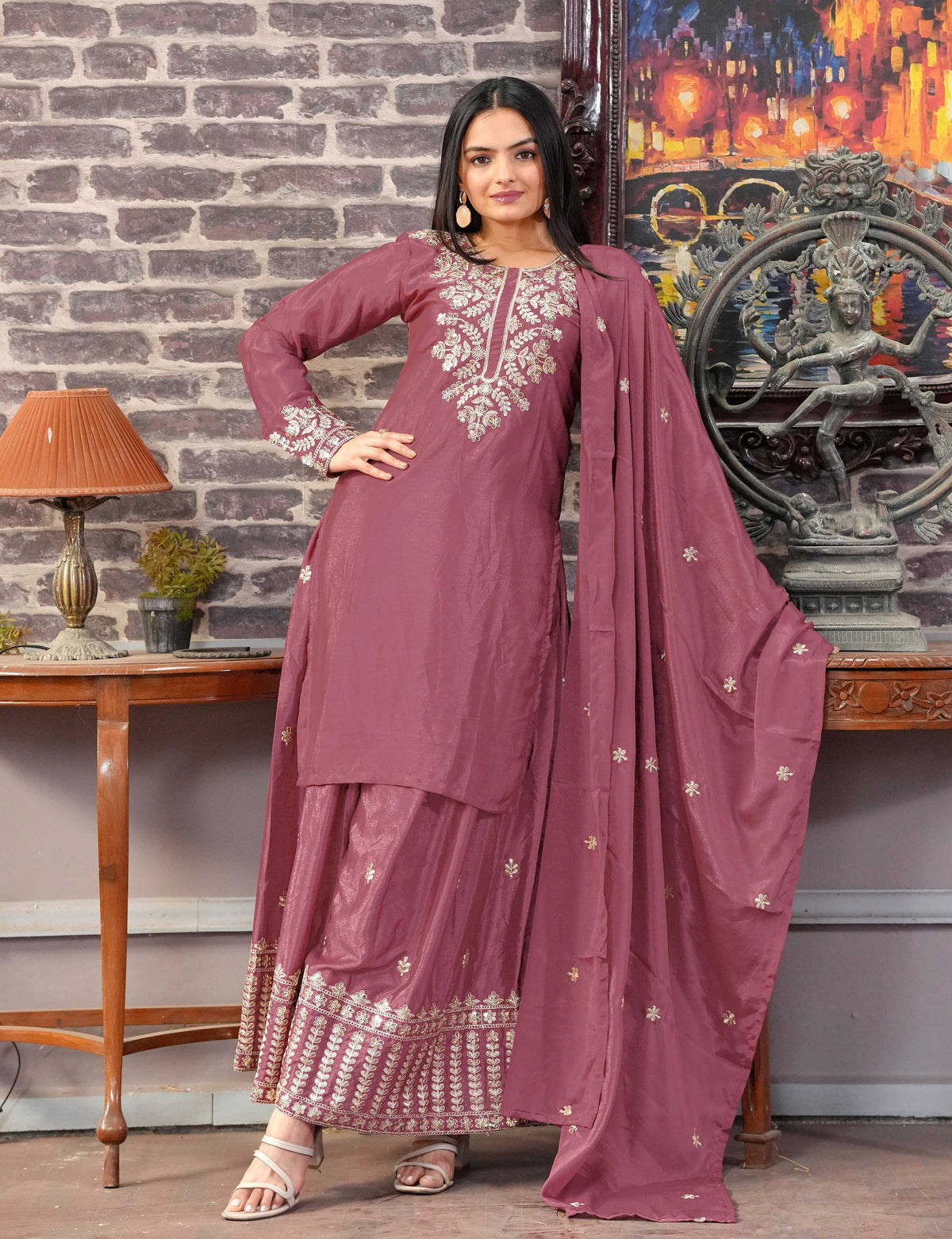 Yash Enterprise Floral Embroidered Chinon Silk Pink Readymade Salwar Suit | Grocsy
