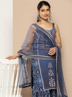 KSUT (House of Varanga) Blue Color Strap Style Digital Printed Kurta With Printed Sharara And Net Dupatta | Grocsy