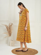 InWeave Women's Haldi Yellow Mughal Kalamkari A Line Dress | Grocsy