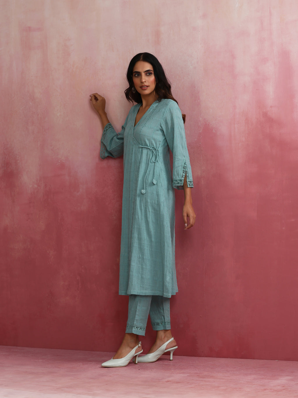 trueBrowns Aqua Blue Cotton Dobby Angrakha Kurta Set | Grocsy