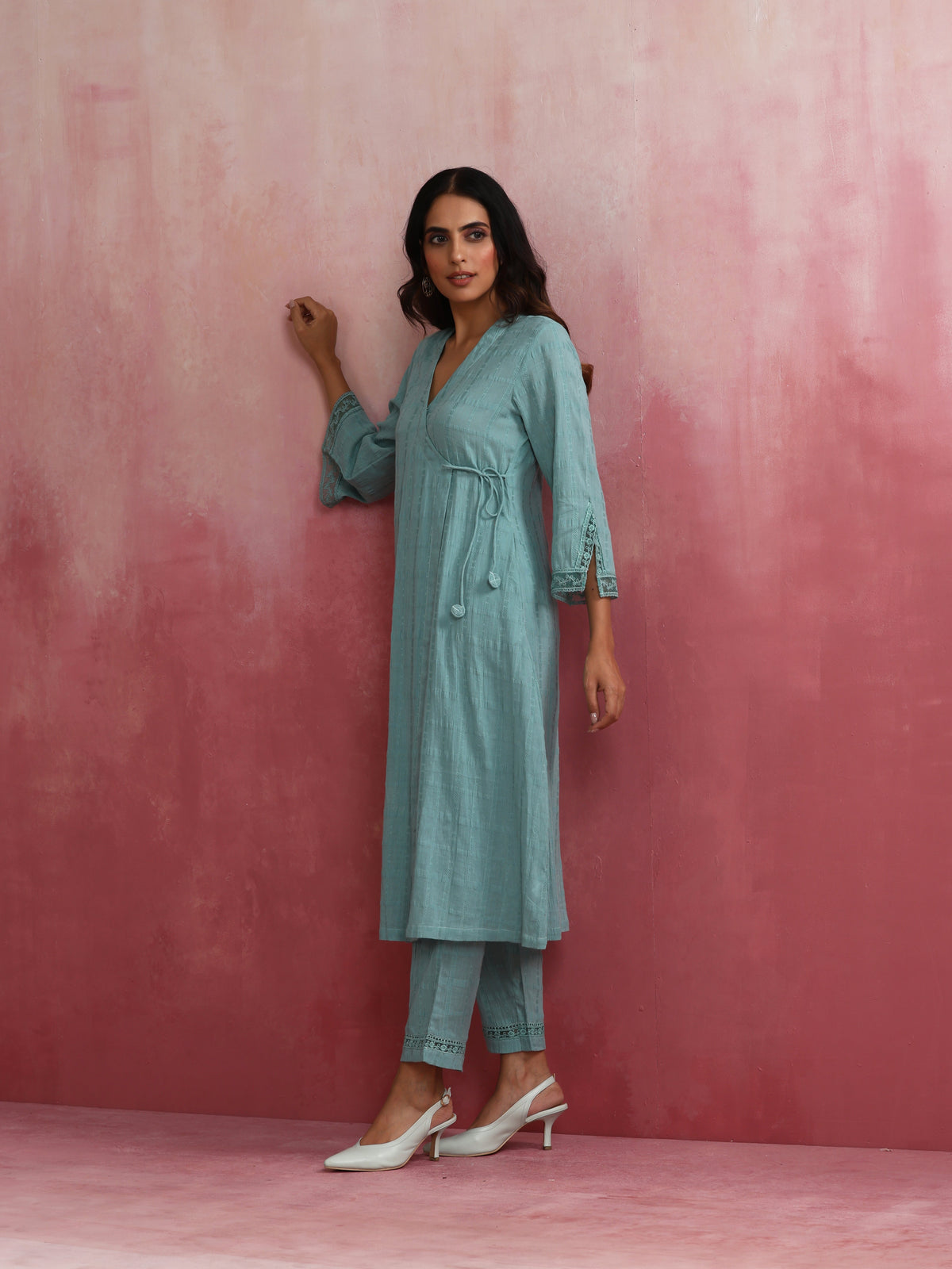trueBrowns Aqua Blue Cotton Dobby Angrakha Kurta Set | Grocsy