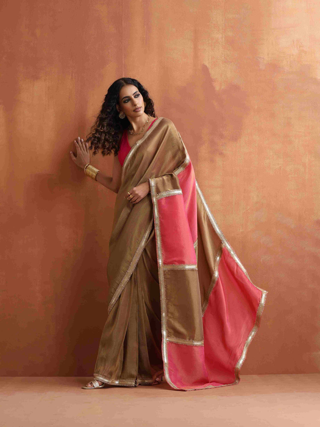 trueBrowns Bronze Tissue Ready To Wear Saree | Grocsy