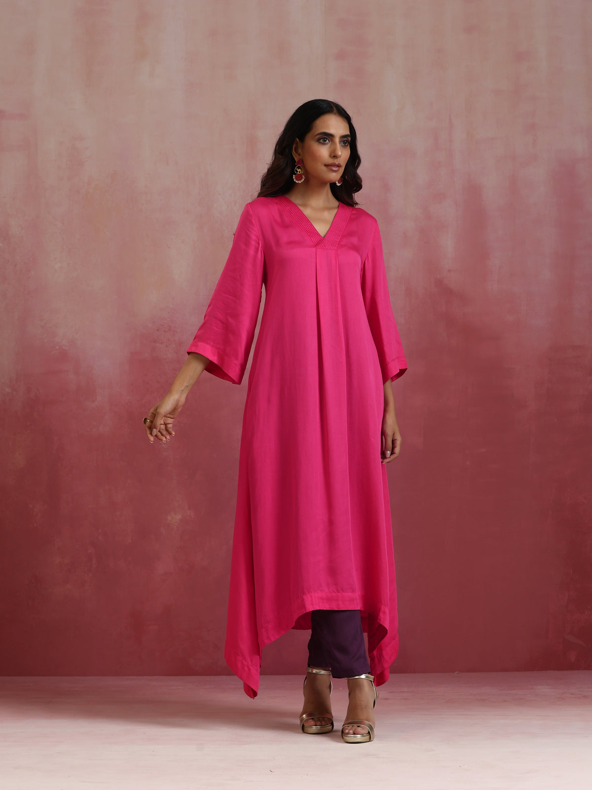 trueBrowns Pink Modal Boxpleat Kurta Set | Grocsy