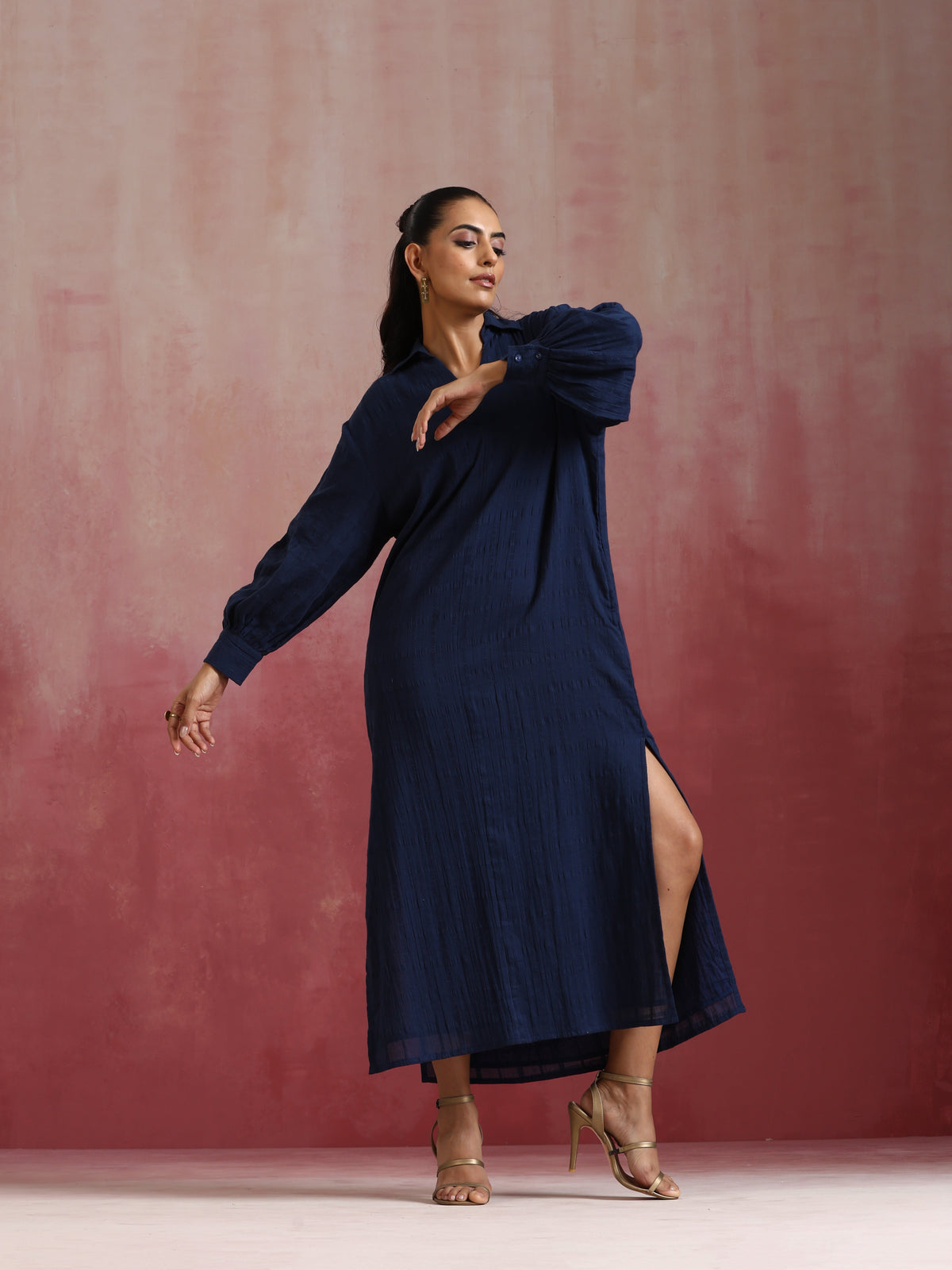 trueBrowns Dark Blue Cotton Dobby Dress | Grocsy