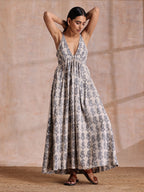 trueBrowns Grey Dabu Buta Print Cotton Sleeveless Dress | Grocsy