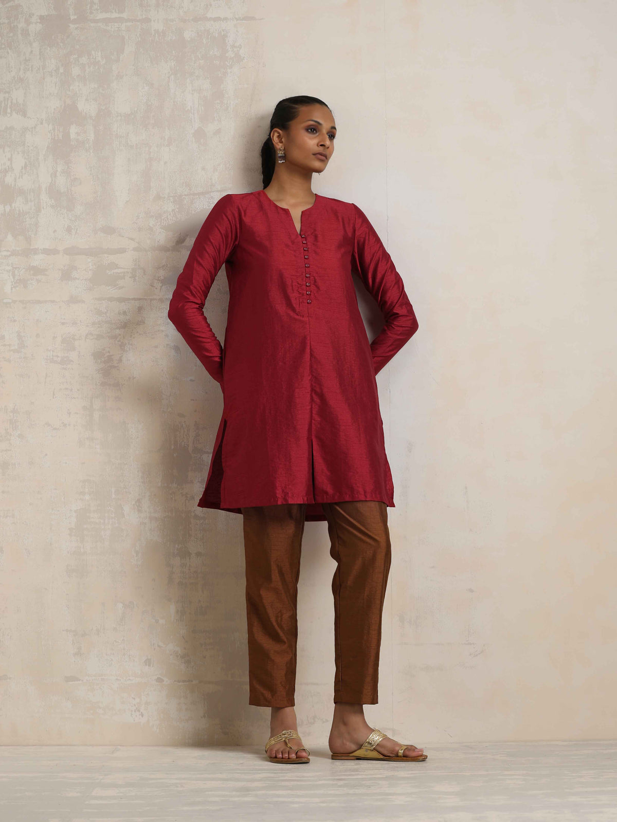 trueBrowns Red Silk Kurta Co-ord Set | Grocsy