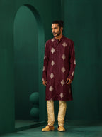 trueBrowns Men's Wine Geometric Viscose Silk Long Kurta | Grocsy