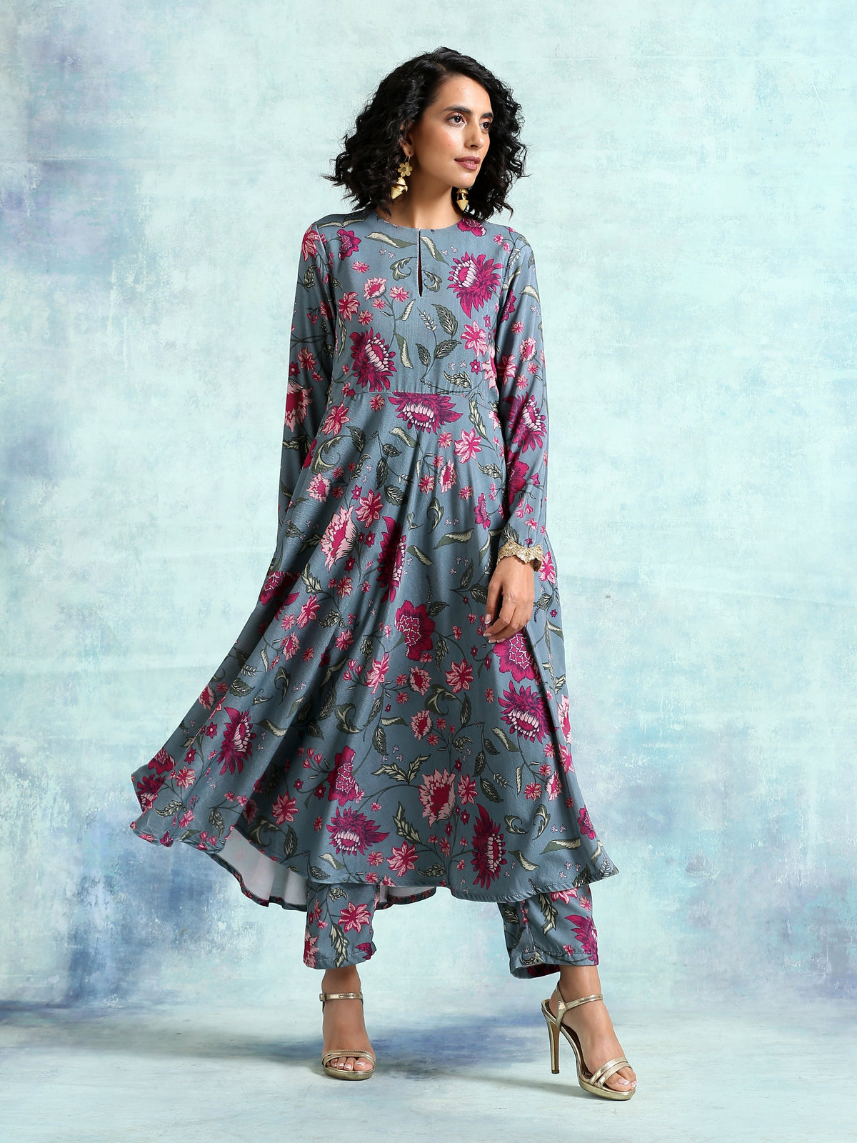 trueBrowns Grey Printed Velvet Anarkali Kurta | Grocsy