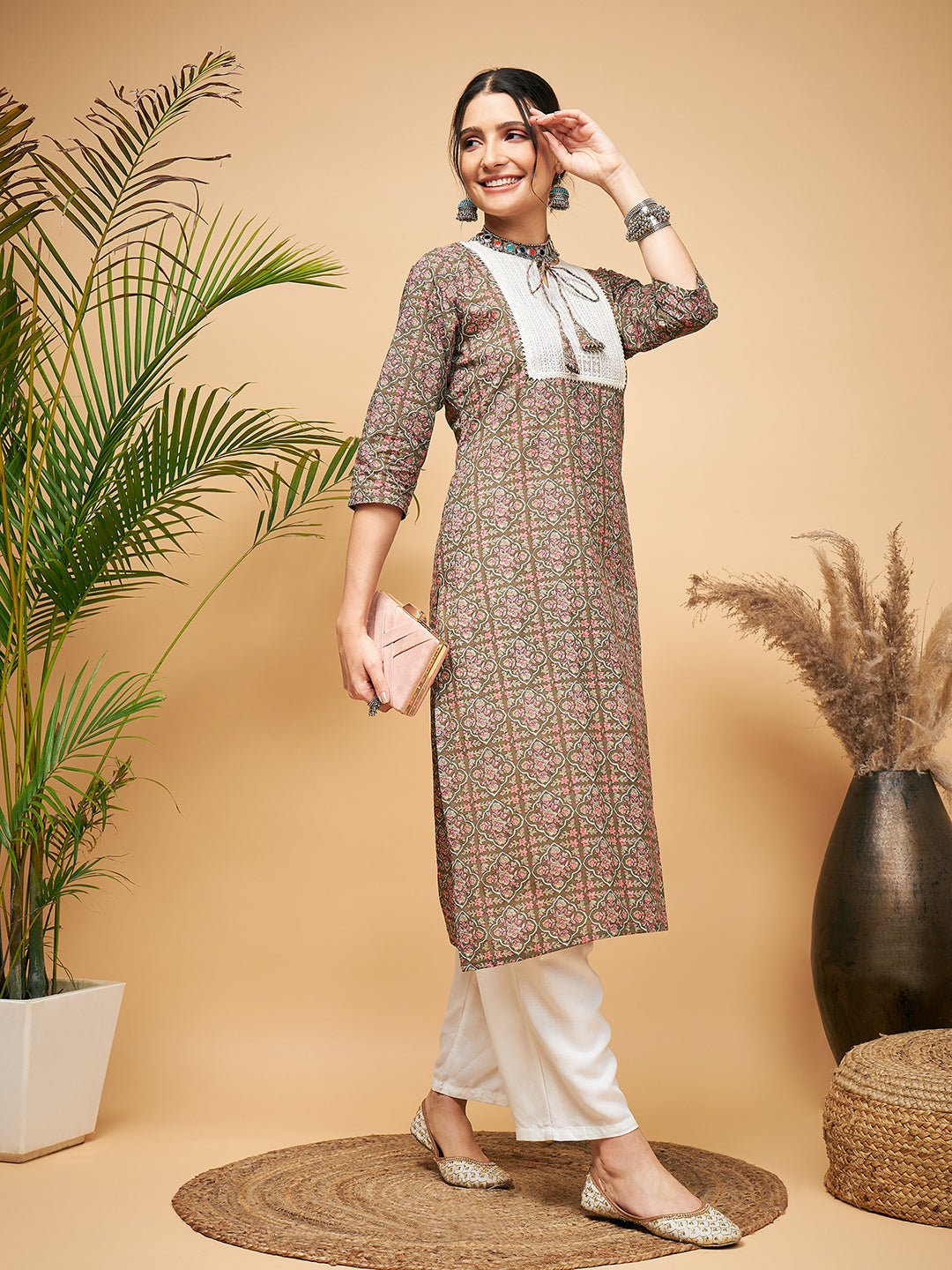 InWeave Women's Green Red Ajrakh Print Cotton Patch Work Straight Kurta Pant Set | Grocsy