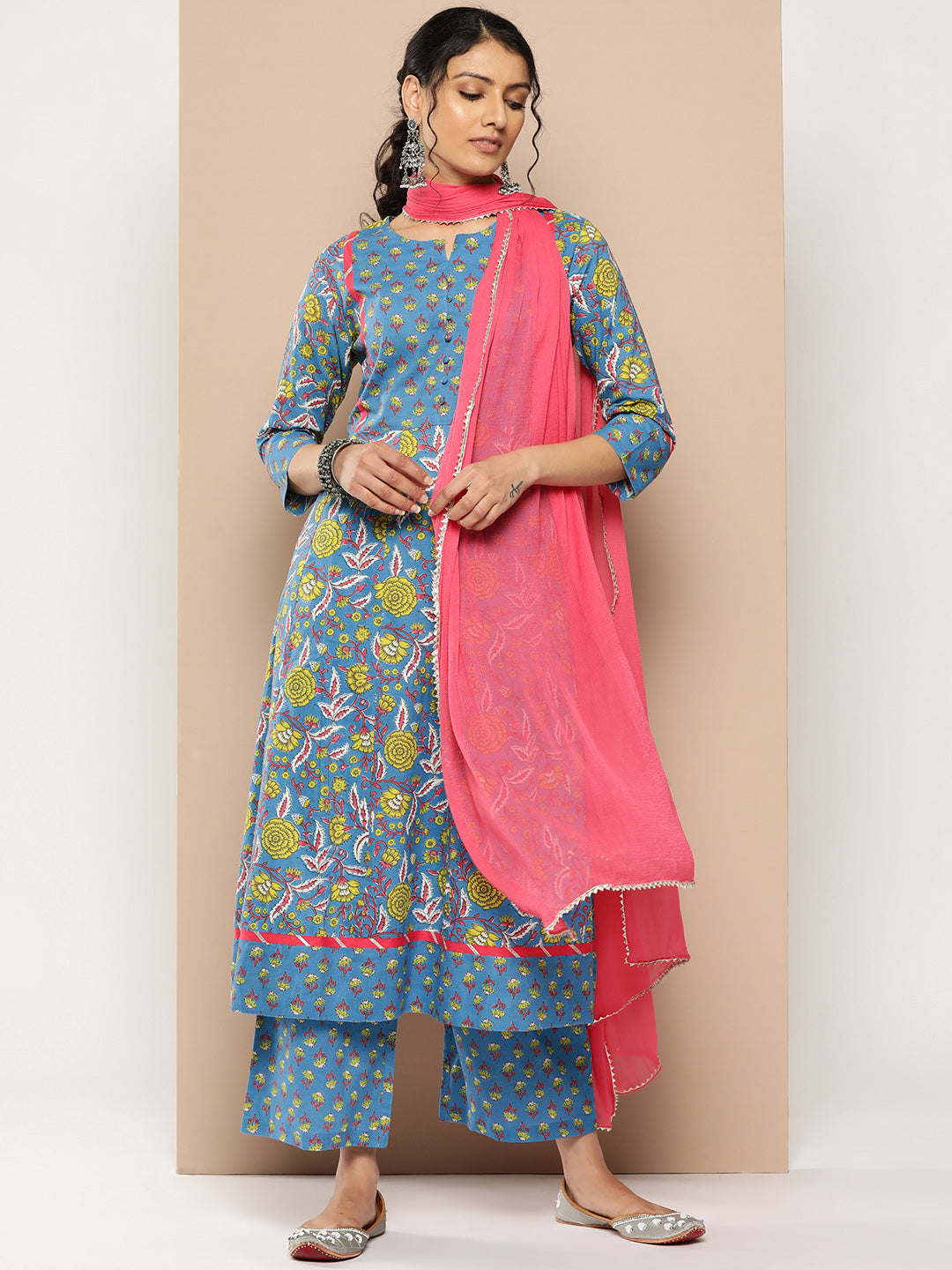KSUT (House of Varanga) Blue Floral Printed Anarkali Kurta Paired With Printed Palazzo And Dupatta | Grocsy