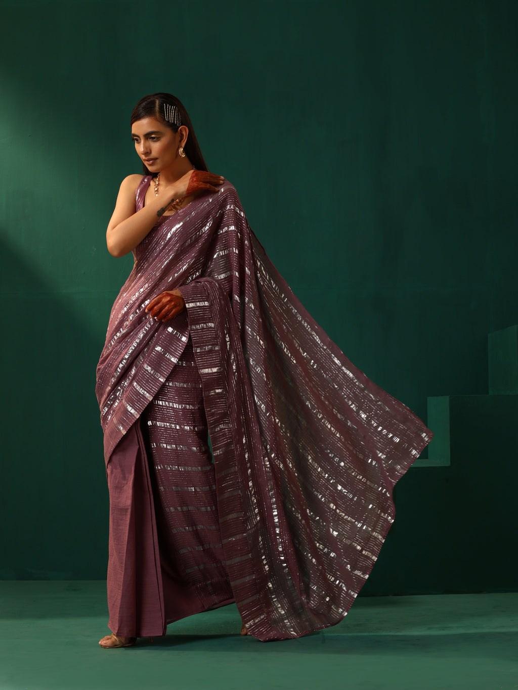 trueBrowns Mauve Cotton Silver Lurex Striped Ready to Wear Saree | Grocsy