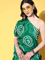 InWeave Women's Green Bandhani Motif One Shoulder Palazzo Set | Grocsy