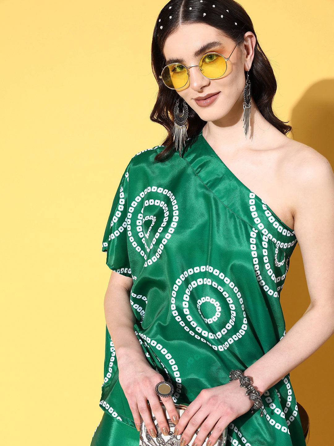 InWeave Women's Green Bandhani Motif One Shoulder Palazzo Set | Grocsy
