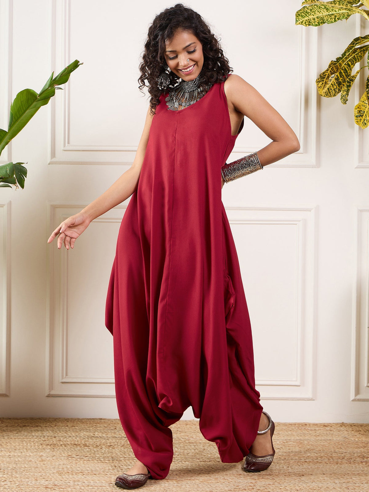 InWeave Maroon Round Sleeveless Jumpsuit | Grocsy