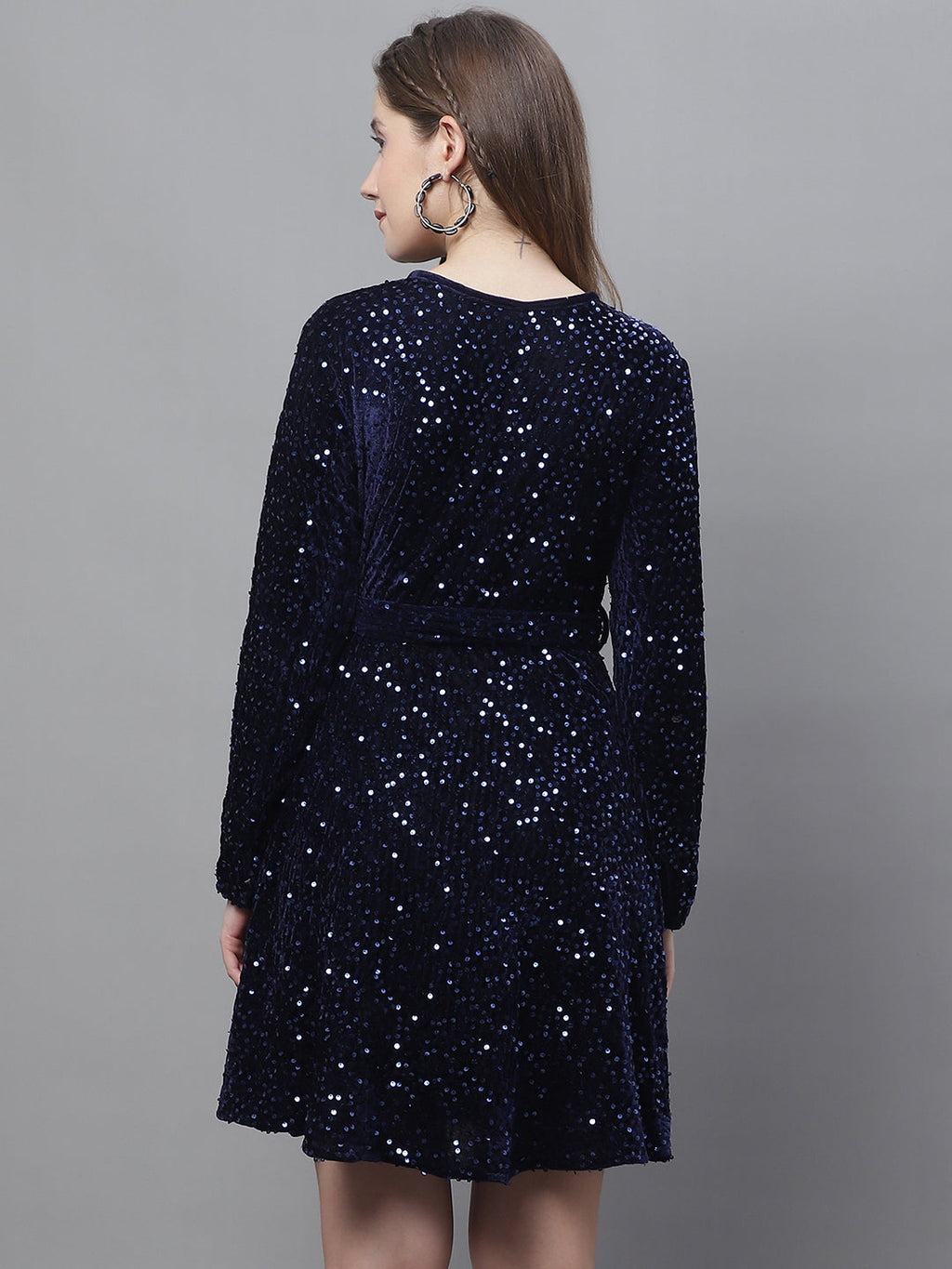 Jainish Women's WoSequin Velvet A-line dress - Navy Blue | Grocsy