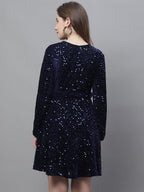 Jainish Women's WoSequin Velvet A-line dress - Navy Blue | Grocsy
