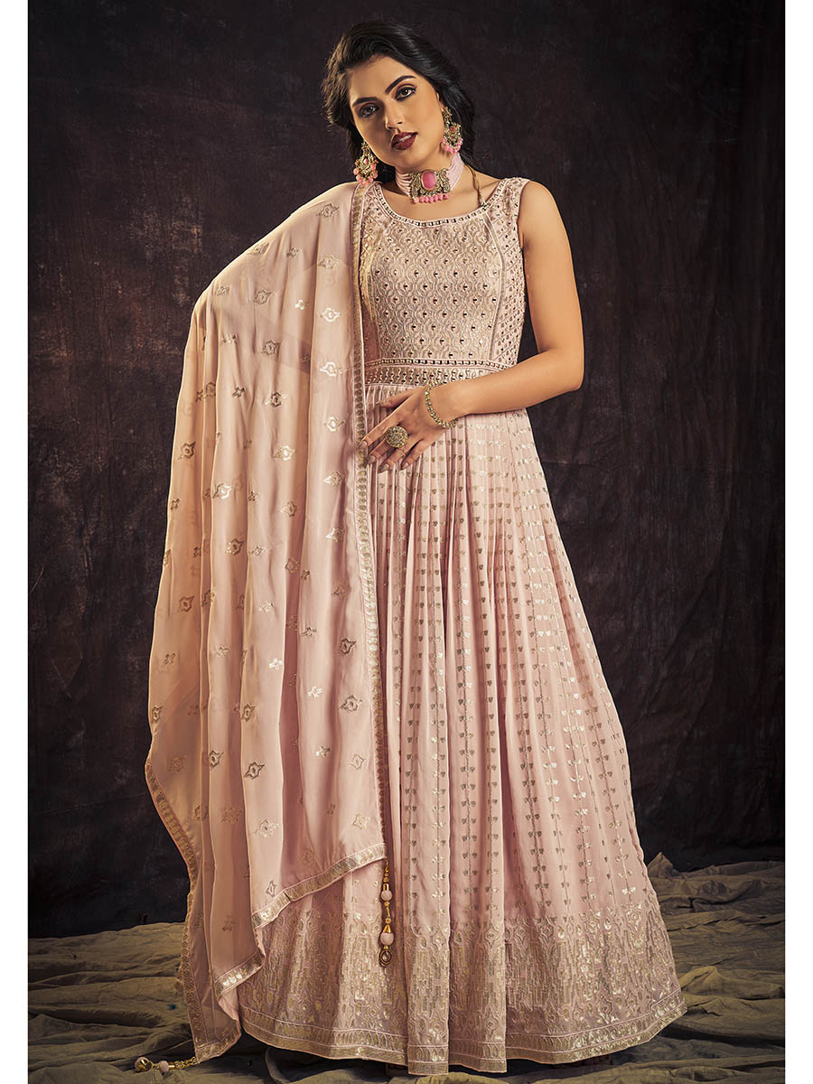 Myra Baby Pink Real Georgette Designer Gown Style Suit | Grocsy