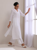 trueBrowns White Dobby Neck Pleat Kurta Pant Set | Grocsy