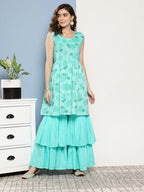 InWeave Women's Turquoise Printed Chintz Tiered Sharara Set | Grocsy