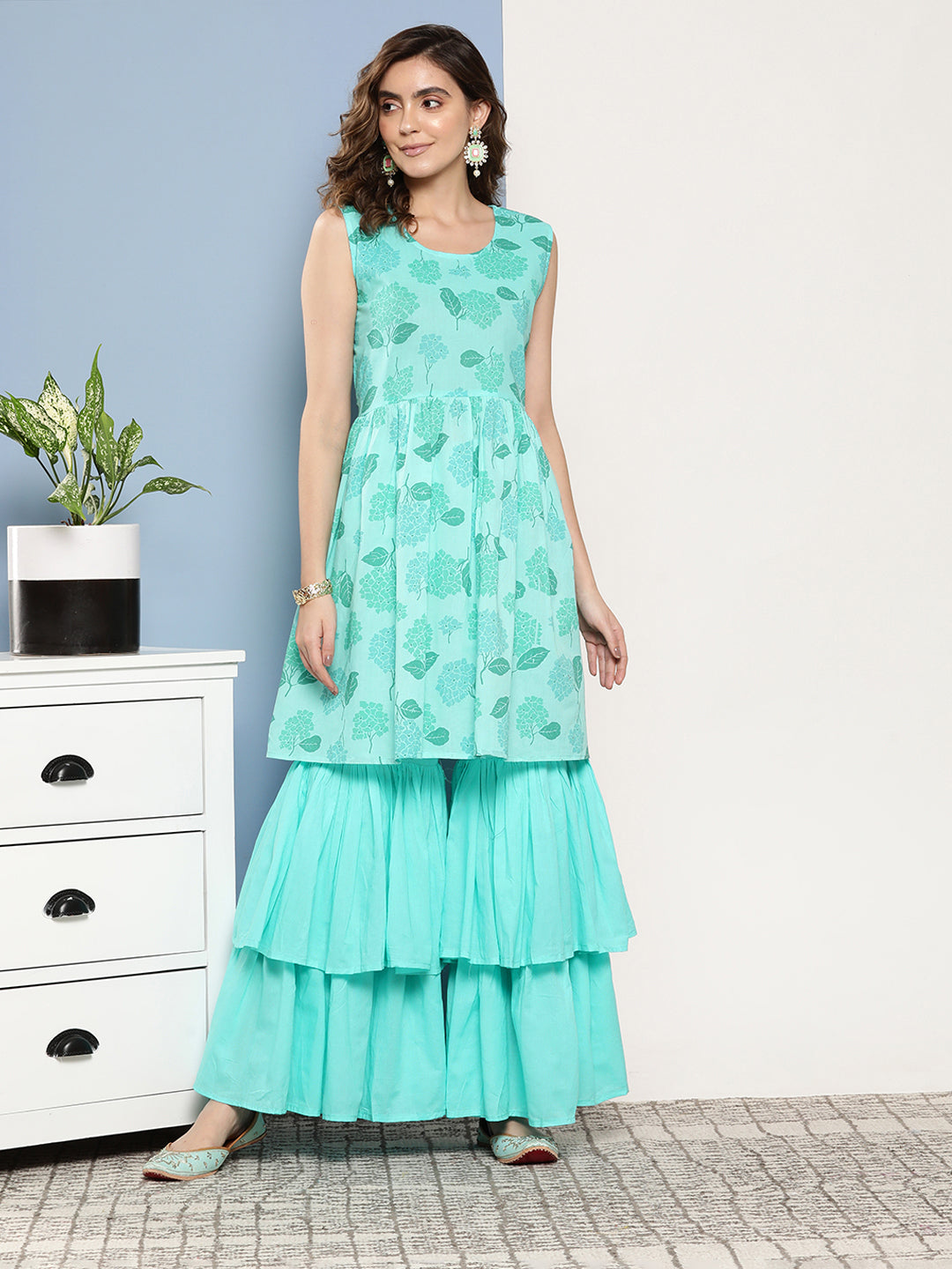 InWeave Women's Turquoise Printed Chintz Tiered Sharara Set | Grocsy