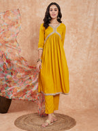 InWeave Women's Mustard Alia Neck Style Gota Set W Organza Dupatta | Grocsy