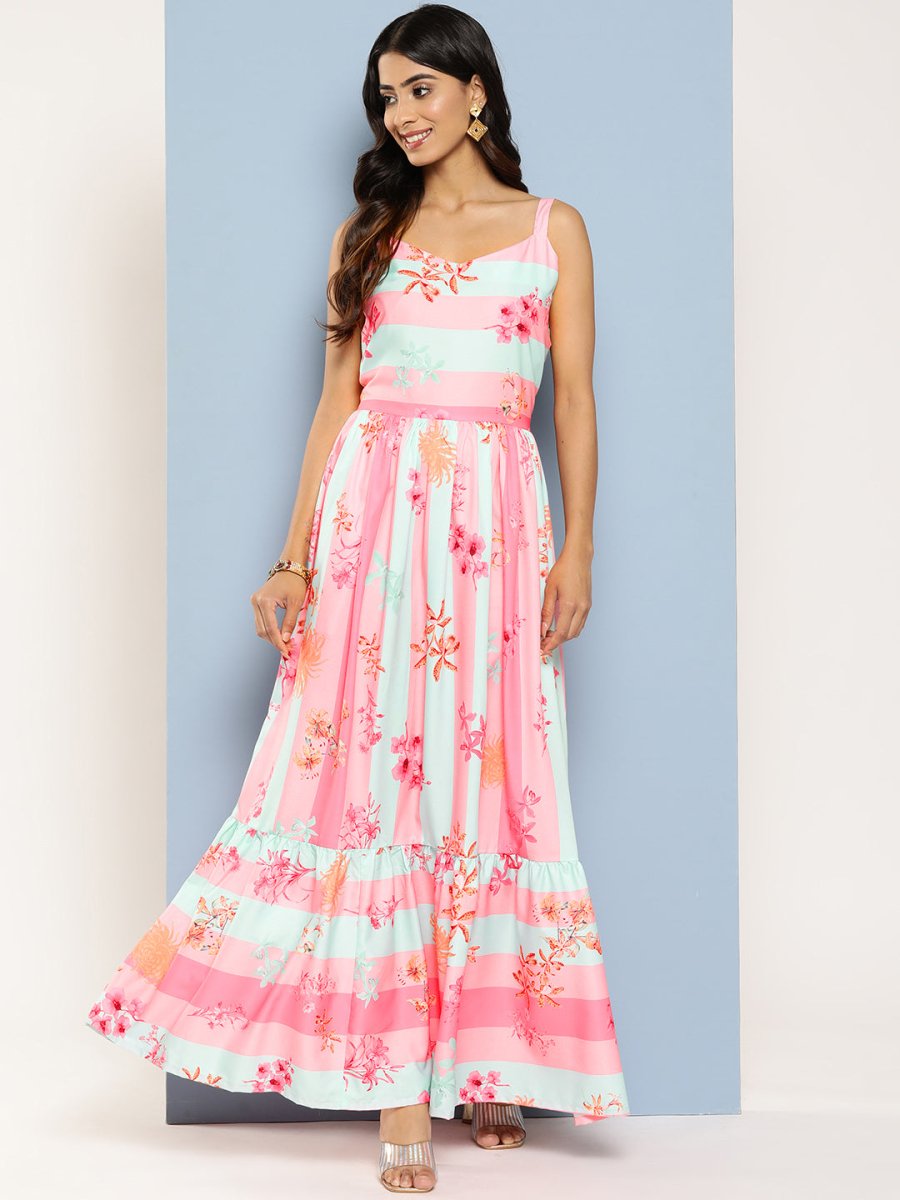 Ahalyaa Striped Floral Print Crepe Maxi Ethnic Dress | Grocsy