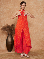 InWeave Women's Orange S Print Twisted Neckline Kurta Pant Set | Grocsy