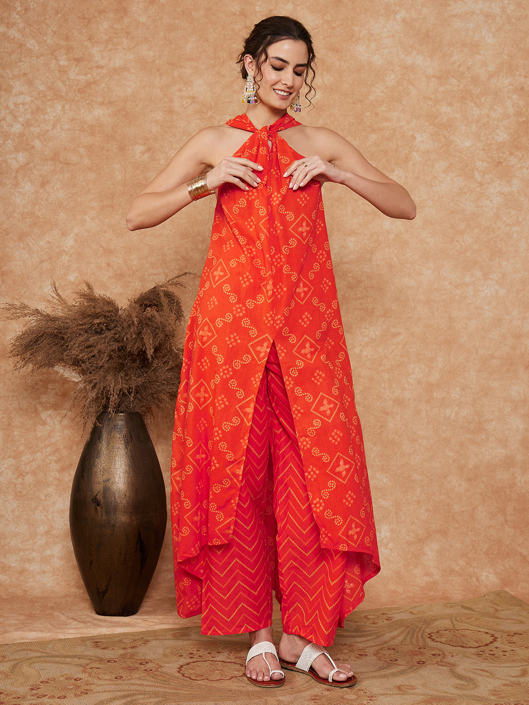 InWeave Women's Orange S Print Twisted Neckline Kurta Pant Set | Grocsy