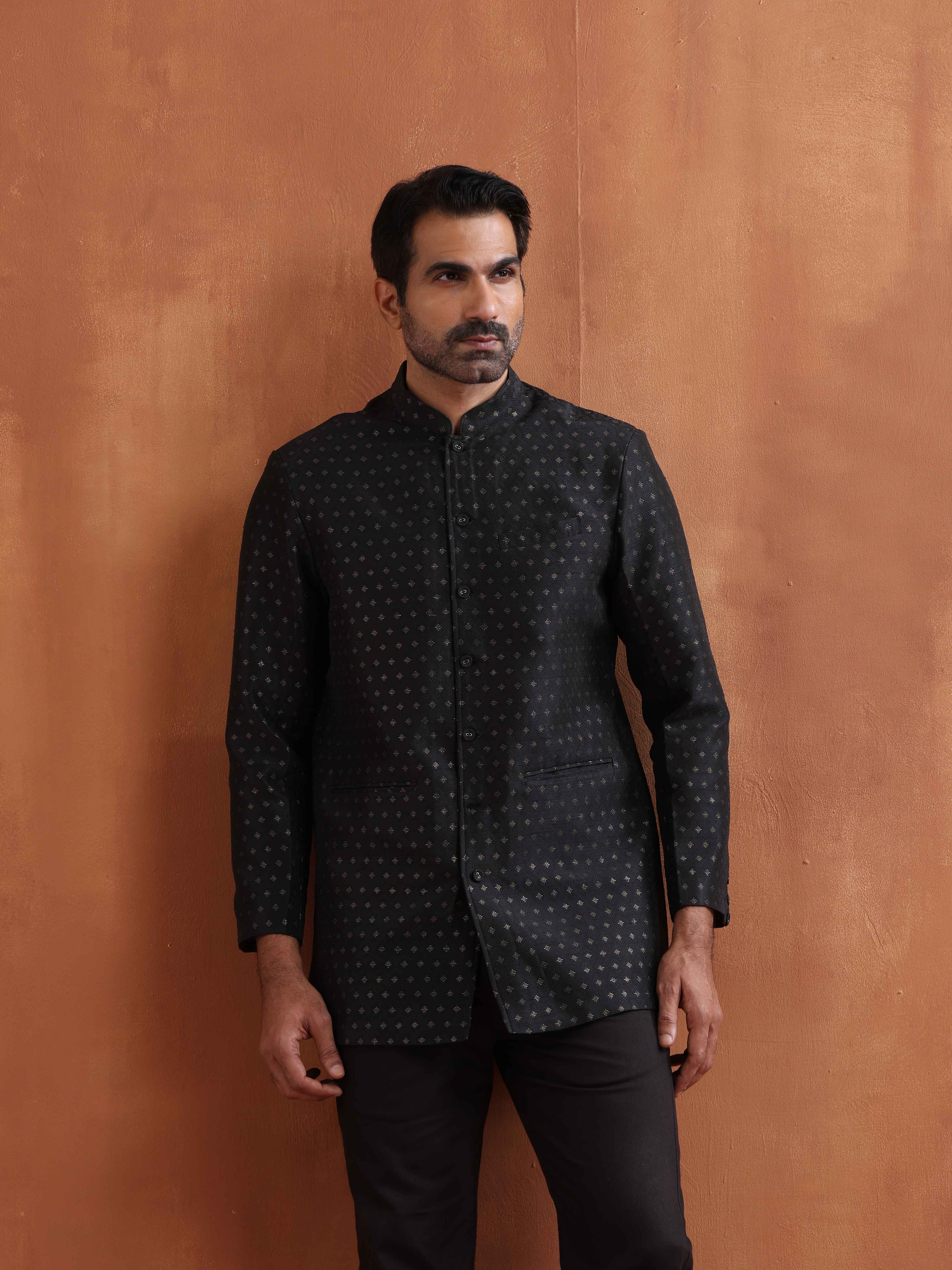 trueBrowns Men's Black Chanderi Long Jacket | Grocsy