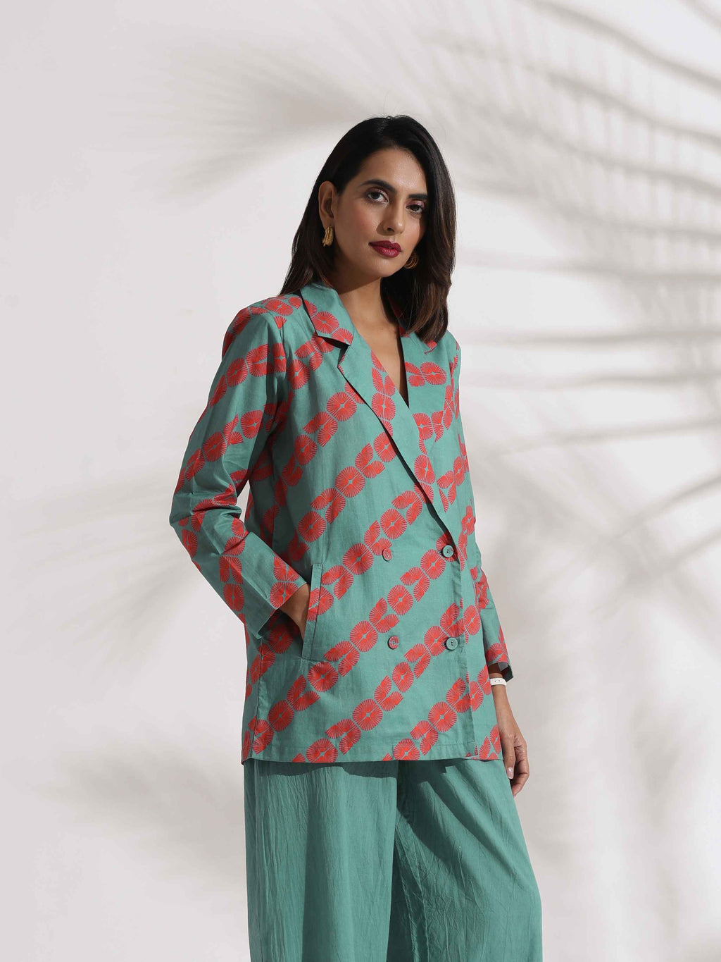 trueBrowns Green Cotton Print Jacket Top Co-ord Set | Grocsy