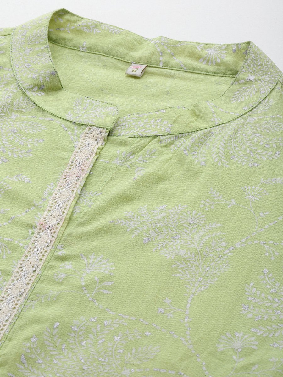 Ahalyaa Mandarin Collar Floral Printed Tunic with Lace Inserts Detail | Grocsy