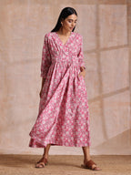 trueBrowns Pink Overall Floral Block Print Cotton Wrap Dress | Grocsy