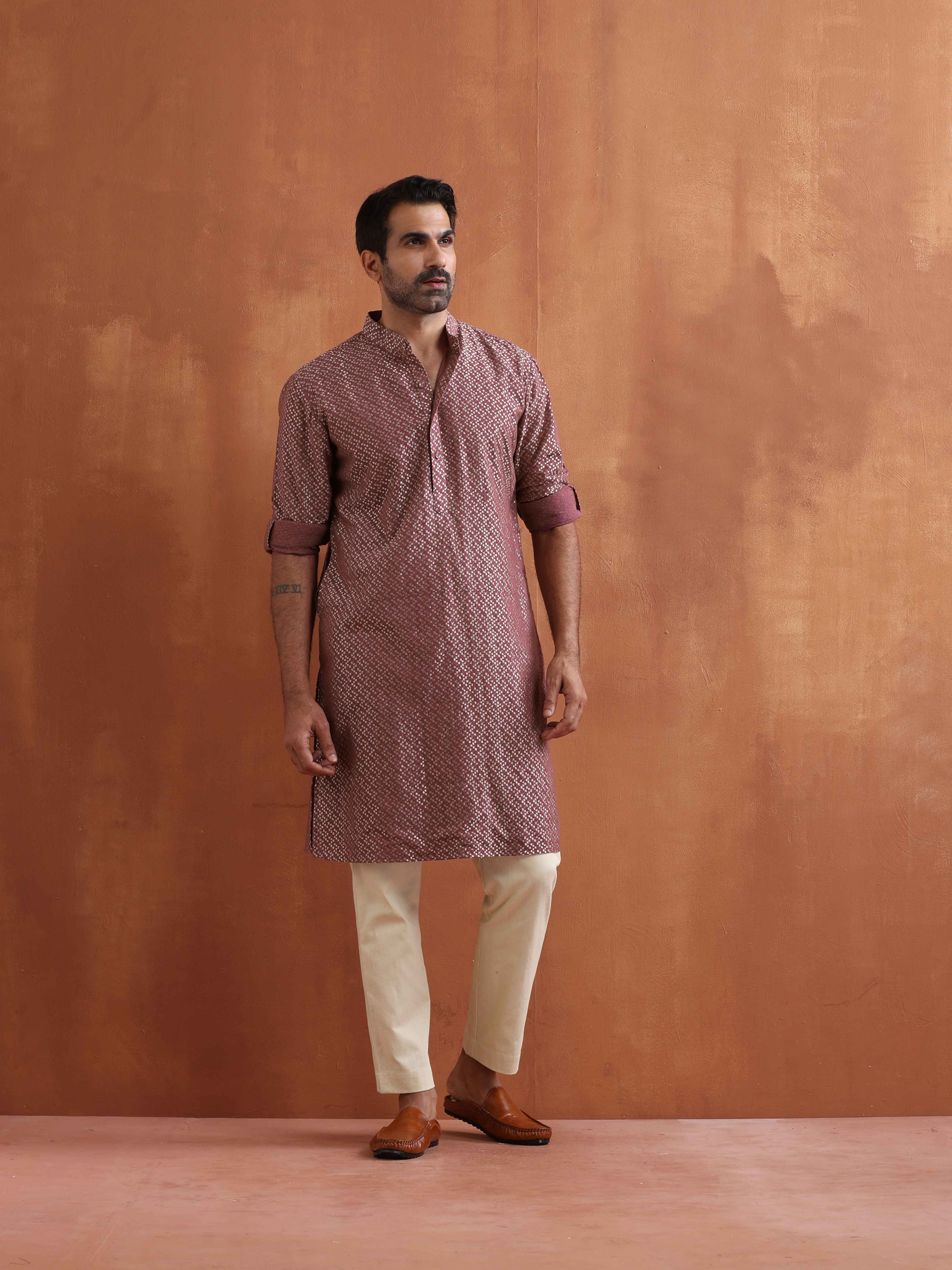 trueBrowns Men's Purple Cotton Dobby Kurta | Grocsy