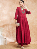 InWeave Women's Maroon Chikankari Long Anarkali Kurta Sharara Set | Grocsy