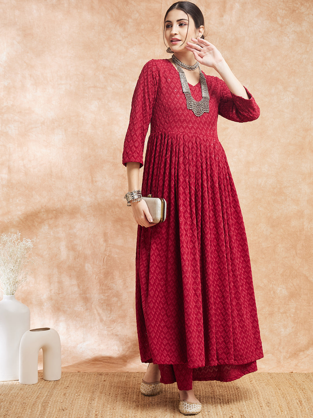 InWeave Women's Maroon Chikankari Long Anarkali Kurta Sharara Set | Grocsy