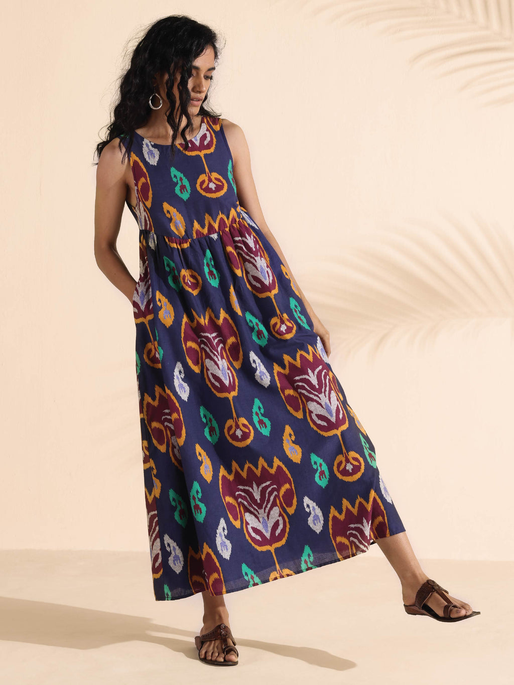 trueBrowns Purple Cotton Ikat Flared Dress | Grocsy