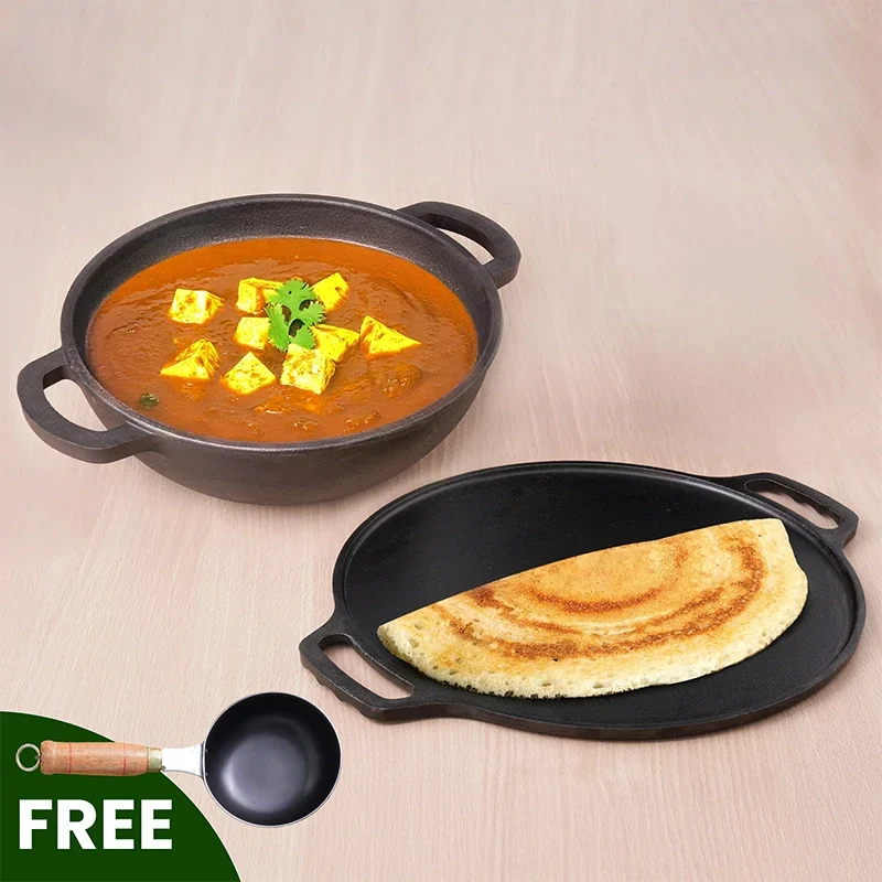 The Indus Valley CASTrong Cast Iron Cookware Set: Tawa+ Kadai, Kitchen Set for Home, Pre-seasoned, 100% Pure, Toxin-free, Induction, Tadka Pan | Grocsy