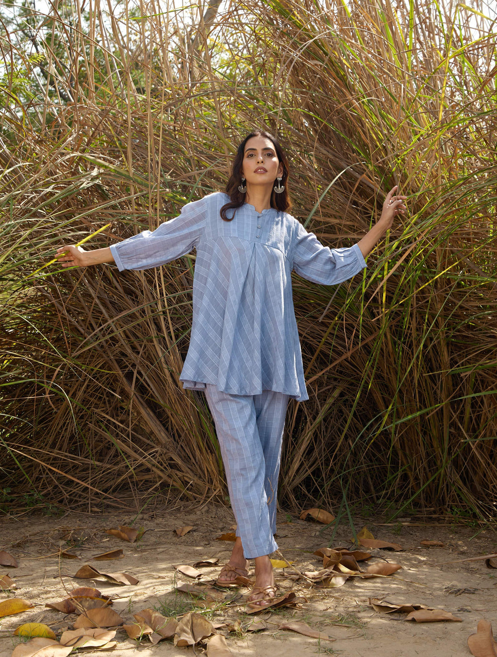 trueBrowns Light Blue Cotton Dobby Flared Co-ord Set | Grocsy
