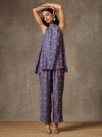 trueBrowns Blue Pink Printed Silk Co-Ord Set | Grocsy
