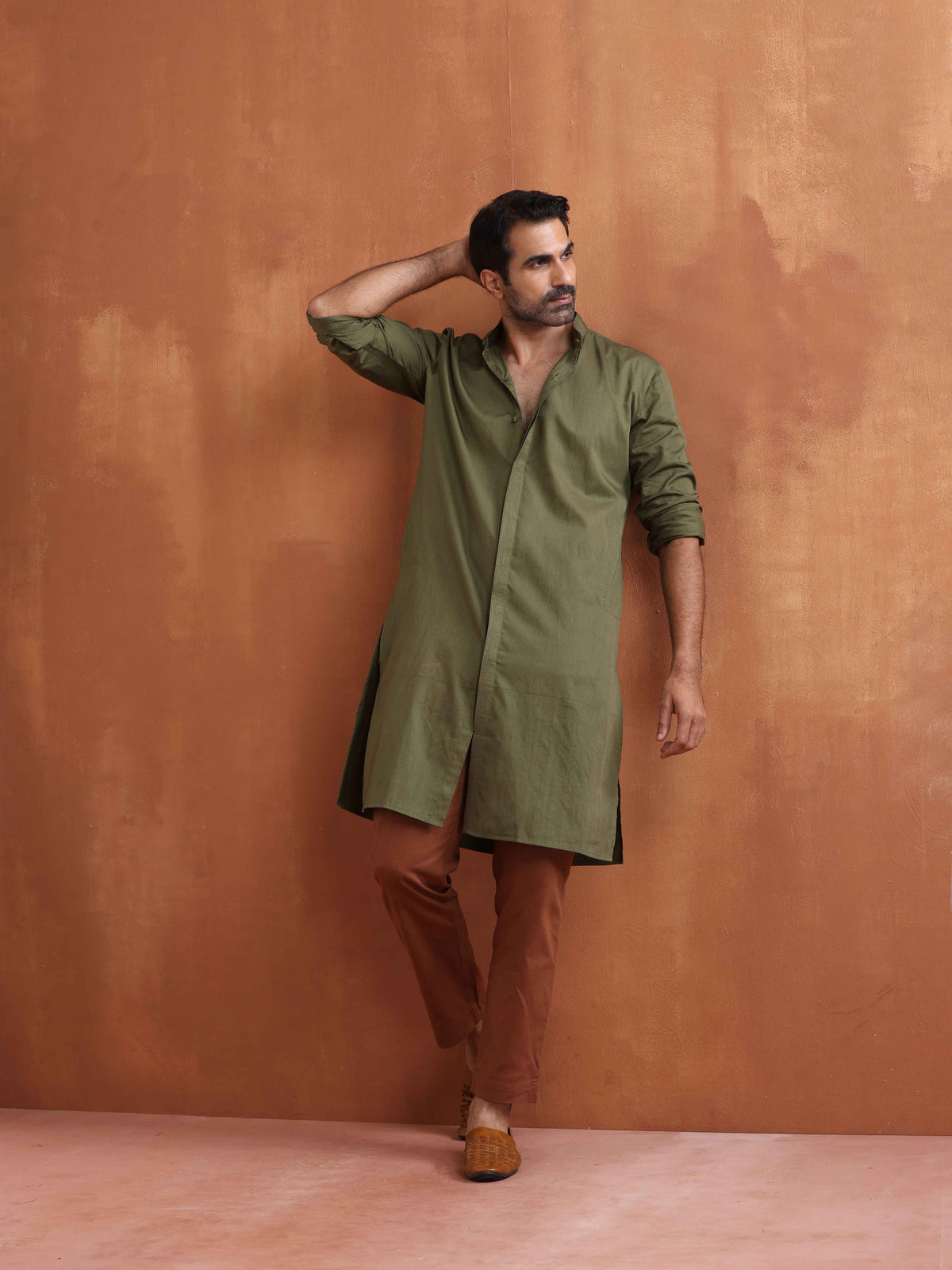 trueBrowns Men's Olive Green Cotton Front Open Kurta | Grocsy