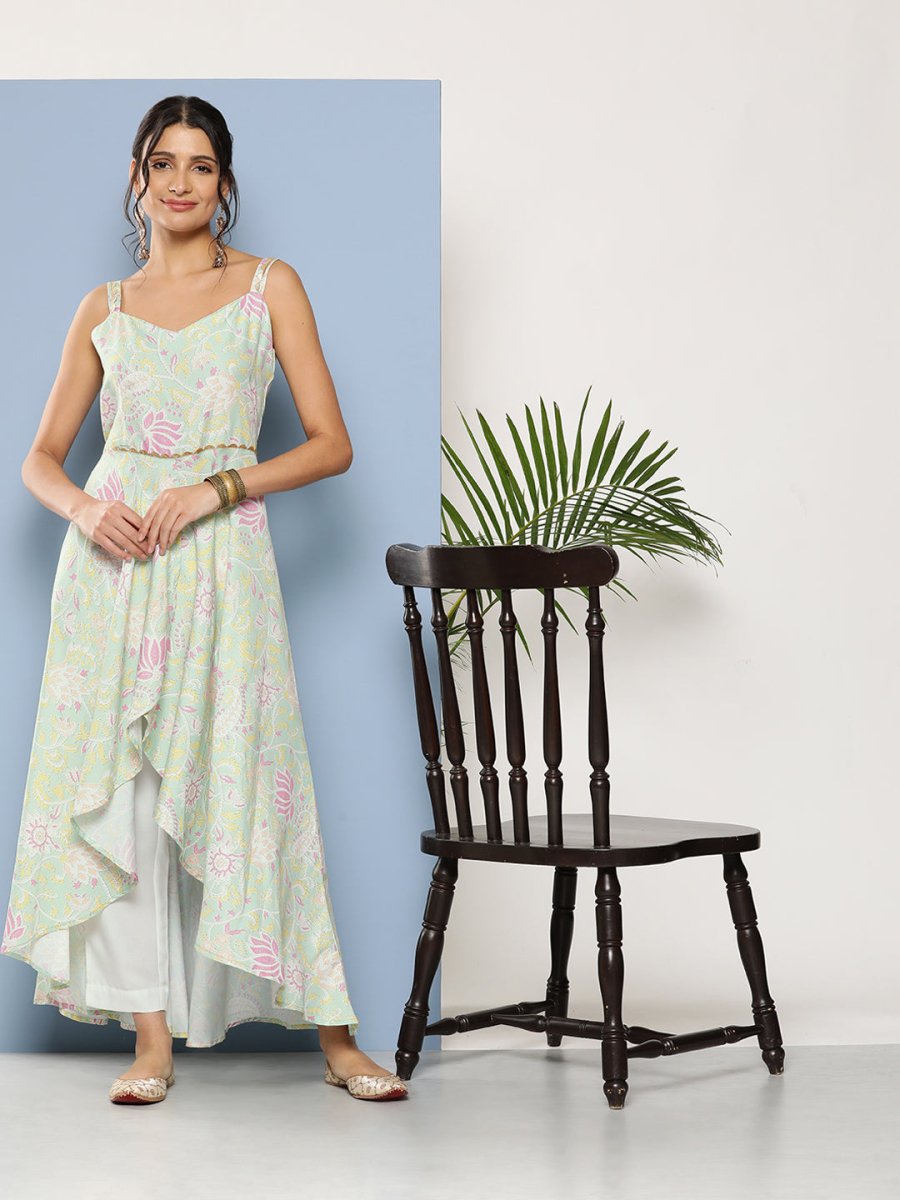 Ahalyaa Women Sea Green Floral Printed Empire Gotta Patti Kurta with Trousers | Grocsy