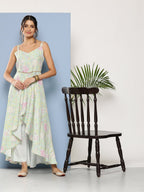 Ahalyaa Women Sea Green Floral Printed Empire Gotta Patti Kurta with Trousers | Grocsy