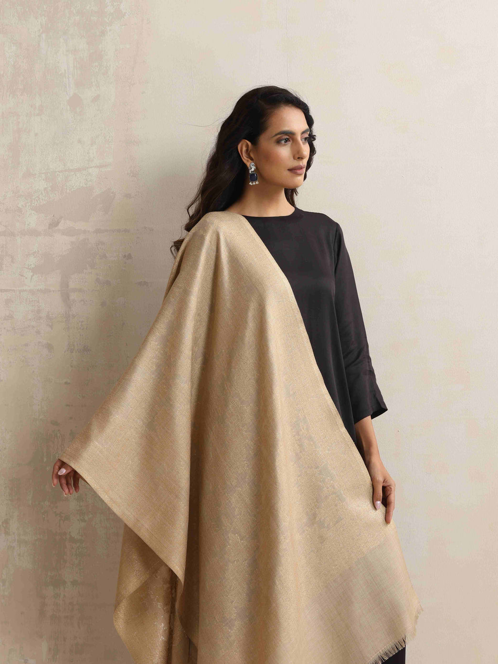 trueBrowns Beige Floral Jaal Woollen Stole | Grocsy