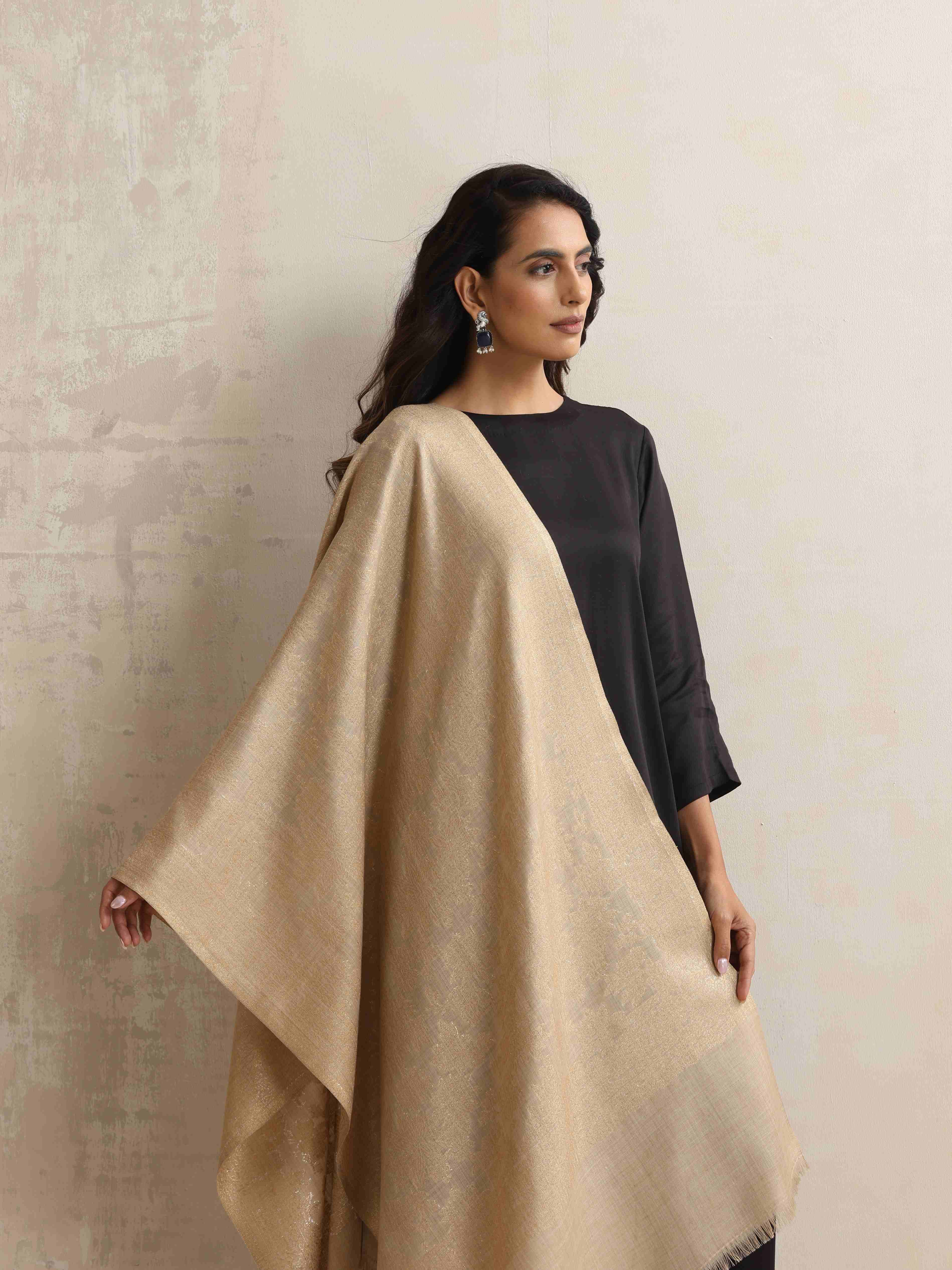 trueBrowns Beige Floral Jaal Woollen Stole | Grocsy