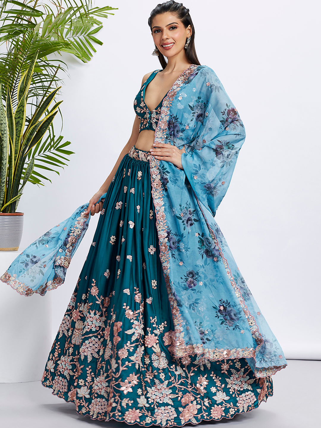 House of Panchhi Olive Pure Georgette Sequins And Thread Embroidery Lehenga Choli & Dupatta | Grocsy