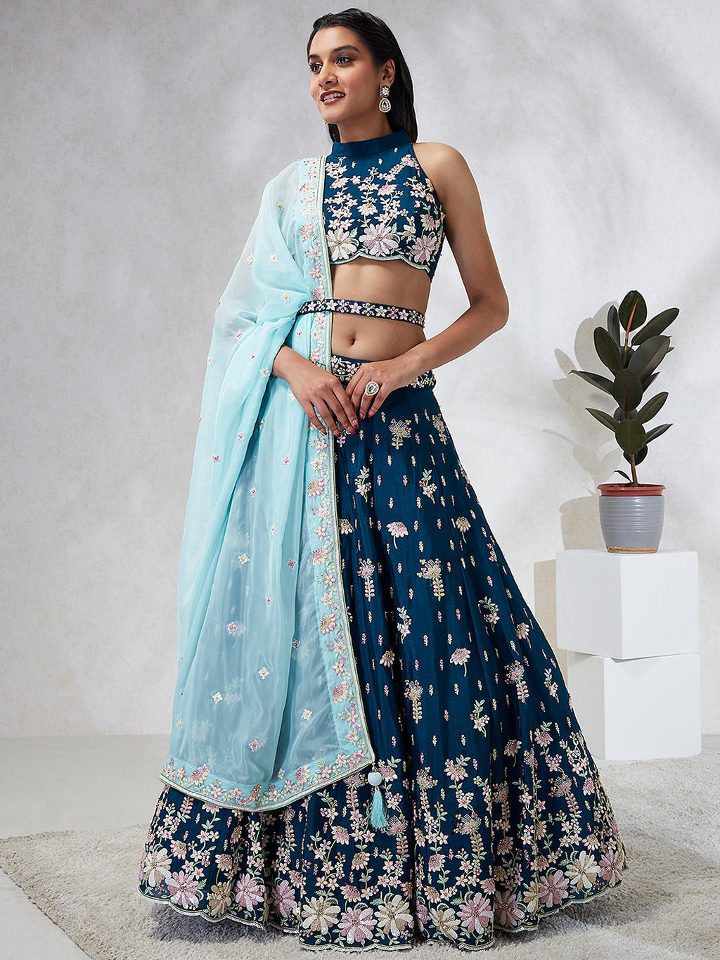 House of Panchhi Teal Pure Georgette Sequins And Thread Embroidery Lehenga Choli & Dupatta | Grocsy