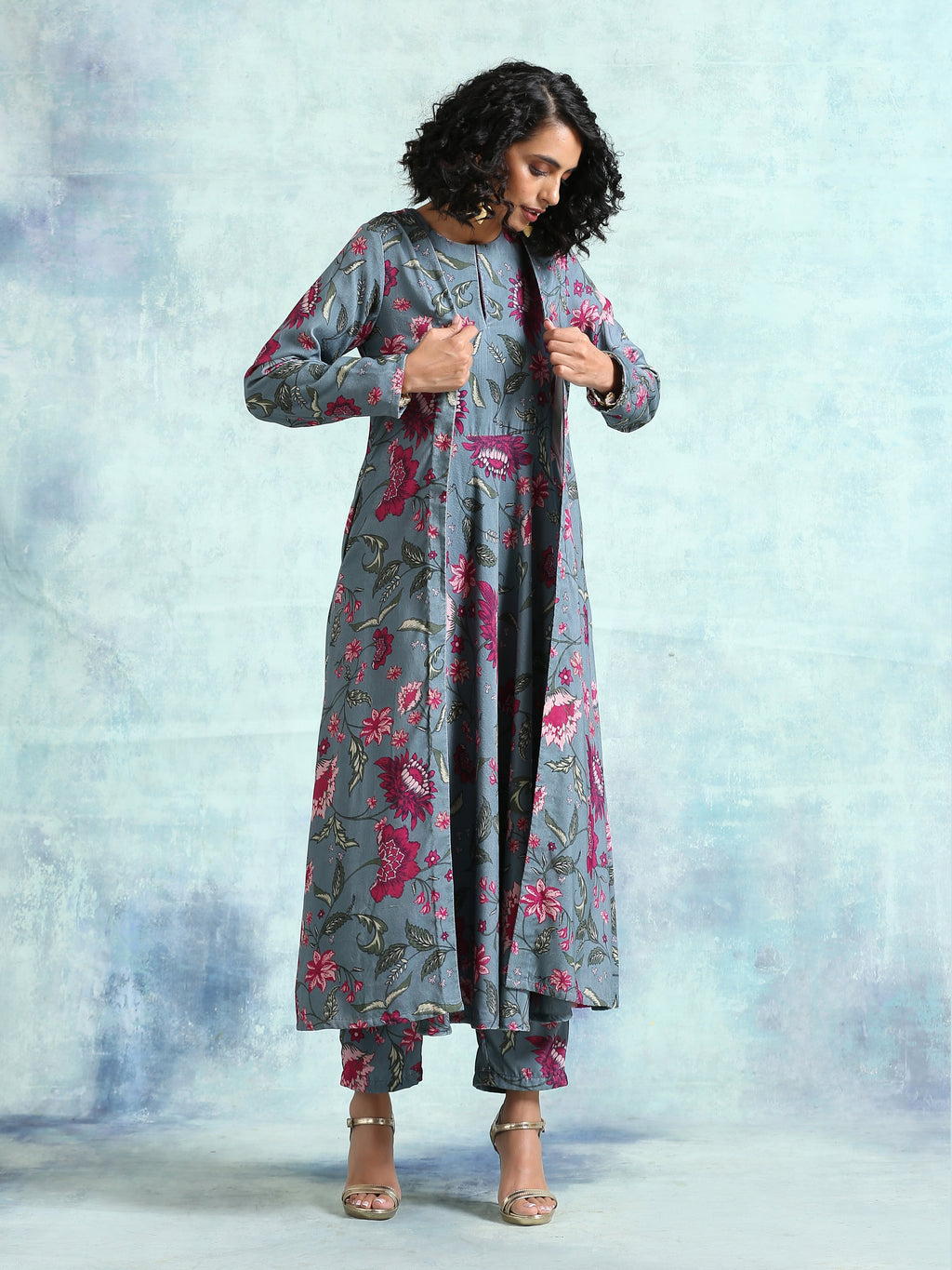 trueBrowns Grey Printed Velvet Overlay Jacket | Grocsy