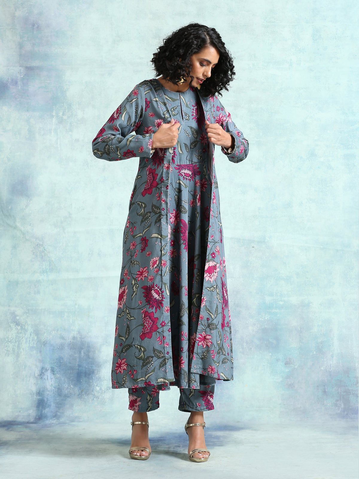 trueBrowns Grey Printed Velvet Overlay Jacket | Grocsy